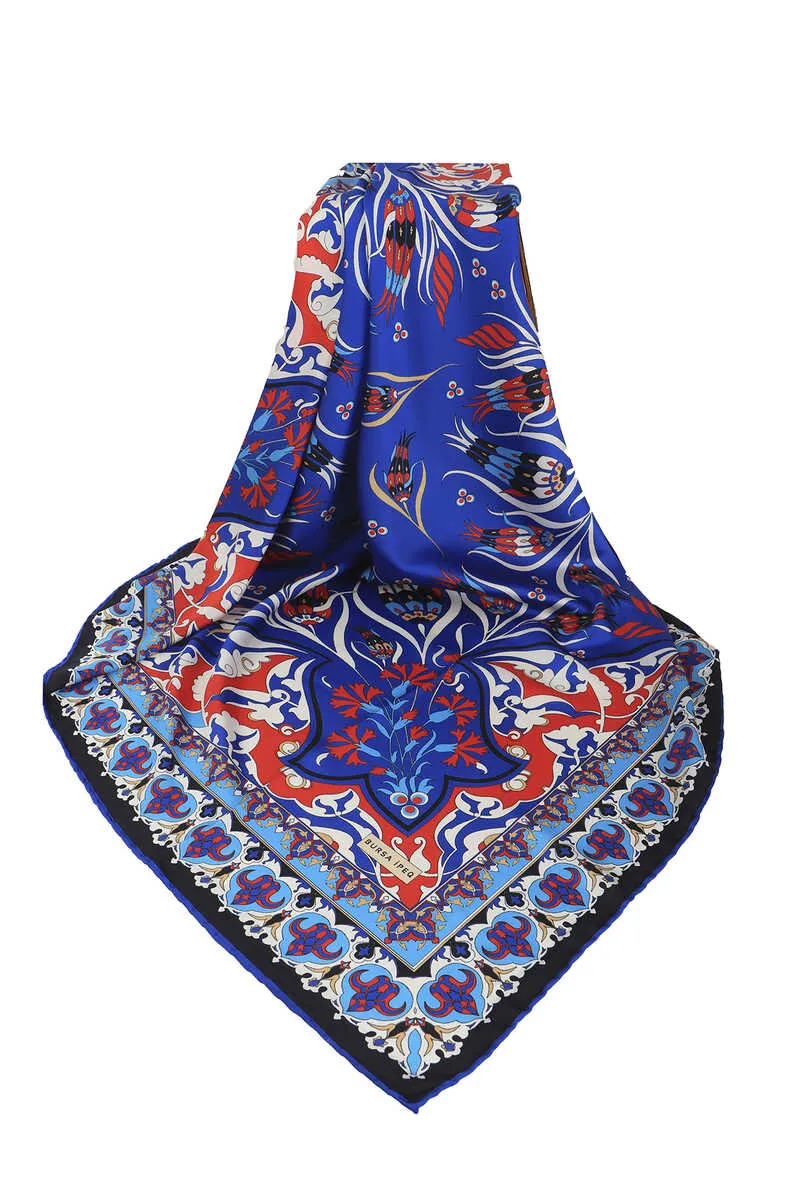 Saks Turkish Patterned Cintemani Carnation Pattern Silky Square Scarf