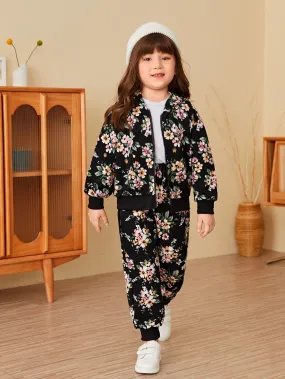 SHEIN Young Girl Floral Print Bomber Jacket & Sweatpants FD