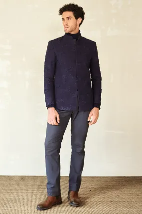 Textured Bandhgala Jacket with Blue Polo Neck & Grey Trouser