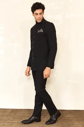 Textured Bandhgala Jacket with Polo Neck & Green Trousers
