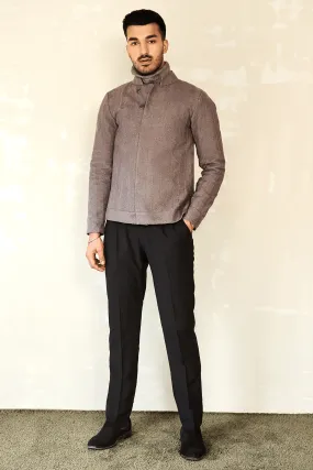 Textured Bomber Jacket with Grey Panel & Brown Trousers