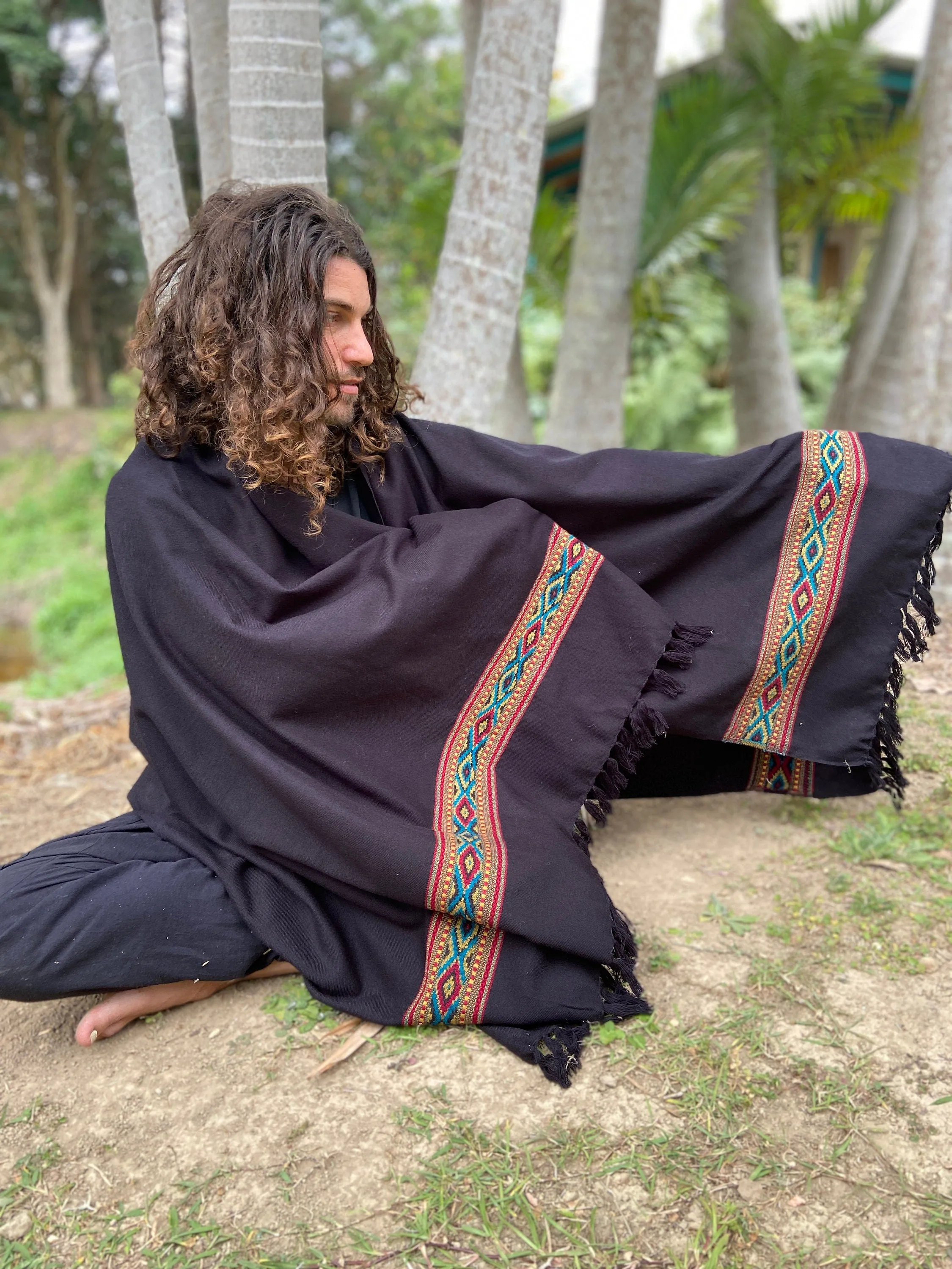 UPEKKHA Shawl Midnight Black Handwoven Cashmere and Acrylic Wool Meditation Prayer Scarf Wrap Blanket Cashmere Zen Embroidery Boho AJJAYA