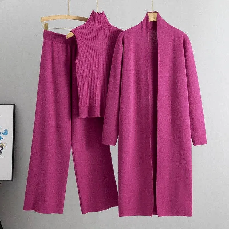 UZ Wholesale Store - Knitted Vest, Cardigan, And Pants Set: ROSE RED / One_size