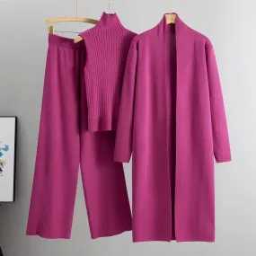 UZ Wholesale Store - Knitted Vest, Cardigan, And Pants Set: ROSE RED / One_size
